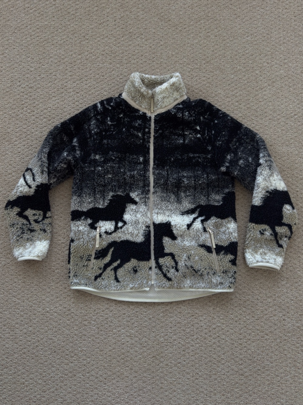 Women's Horse-Print Sherpa Zip-Up Sweater - Black and Cream
